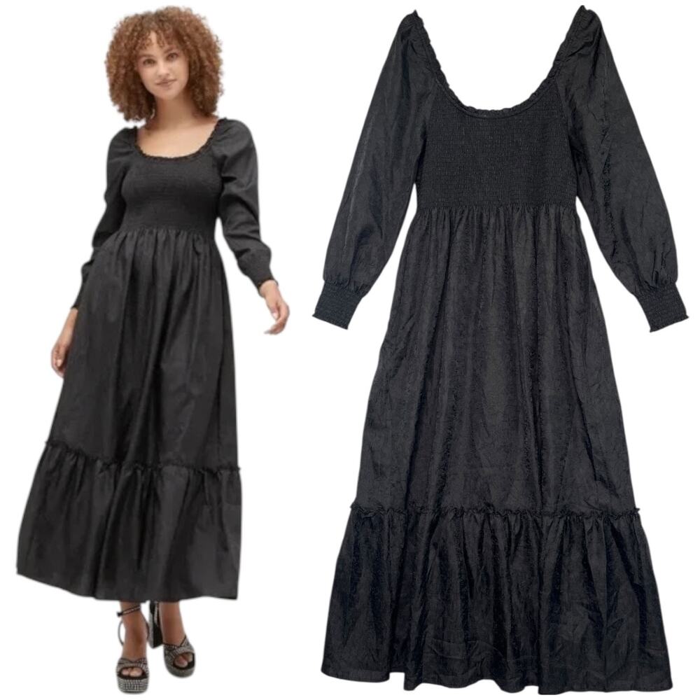Hill House Black Midi Smocked Bodice Long Sleeve Dress